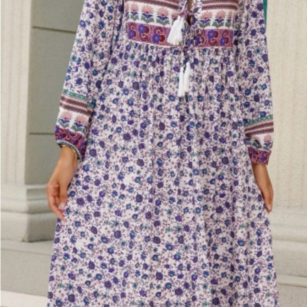 Floral Border Print V-Neck Tassel BoHo Midi Dress  Sz. 2XL/18 - Picture 2 of 8